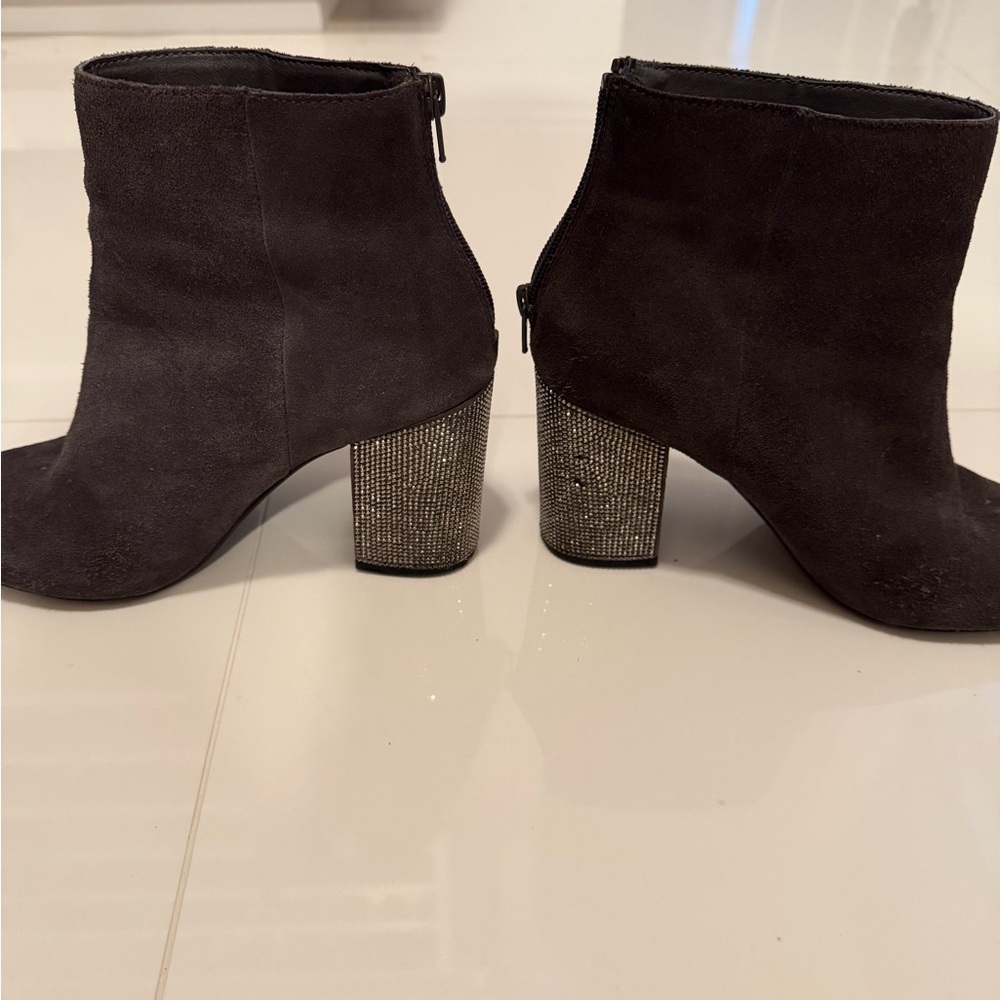 Elegant Black Suede Ankle Boots with rhinestone Heel
